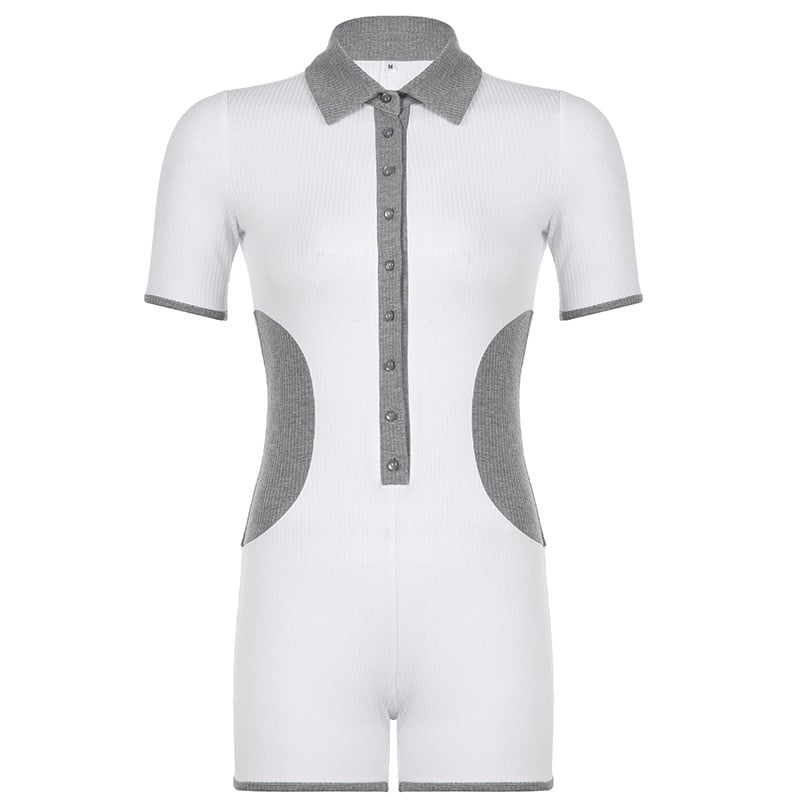 Casual Contrast Panel Sport Lapel Jumpsuit Shorts