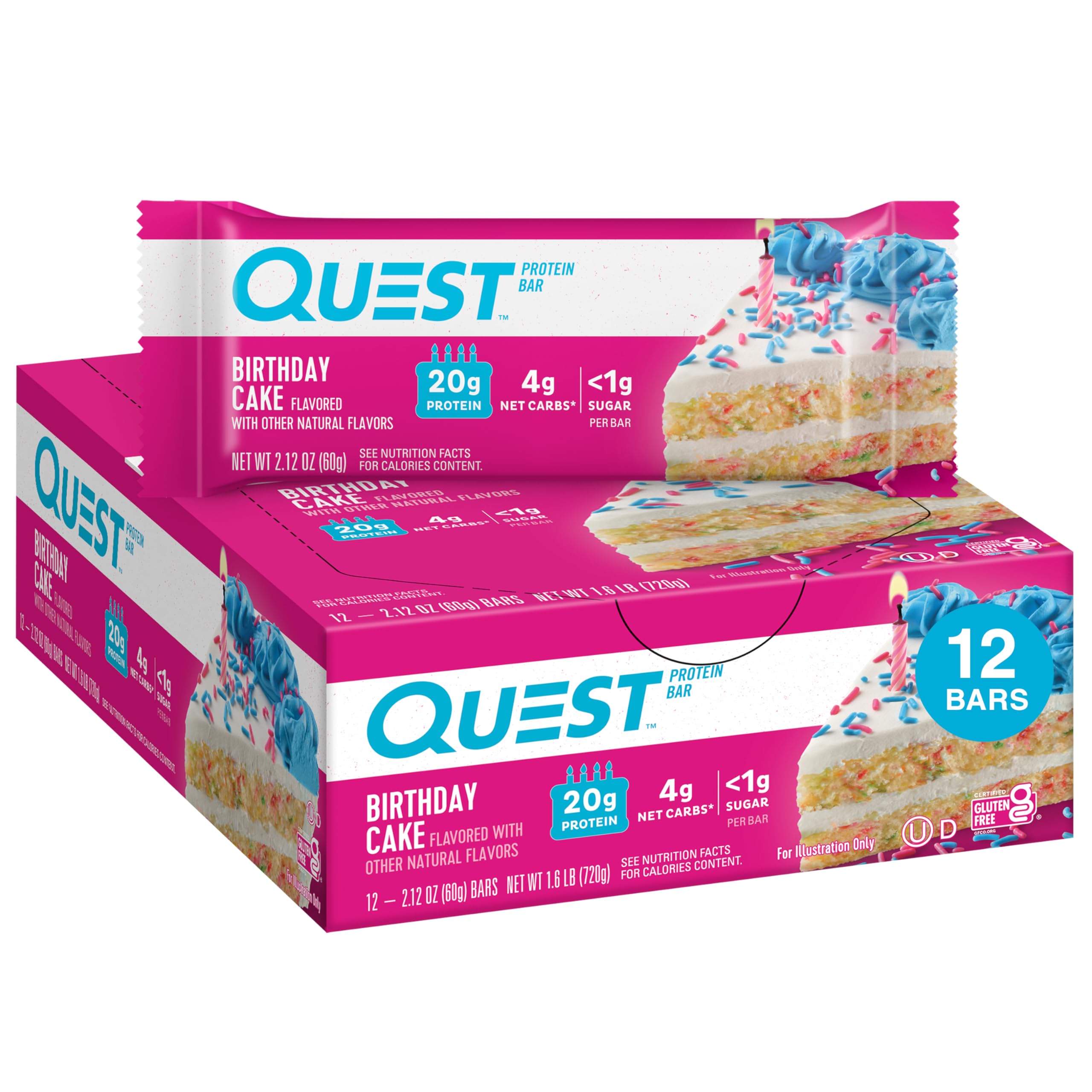 Barres Protéinées Quest Nutrition Saveur Gâteau d'Anniversaire, Hautes en Protéines, Pauvres en Glucides, Sans Gluten, Adaptées Keto, Lot de 12
